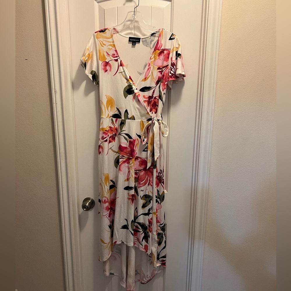 Floral High-Low Wrap Dress in Pink and Yellow